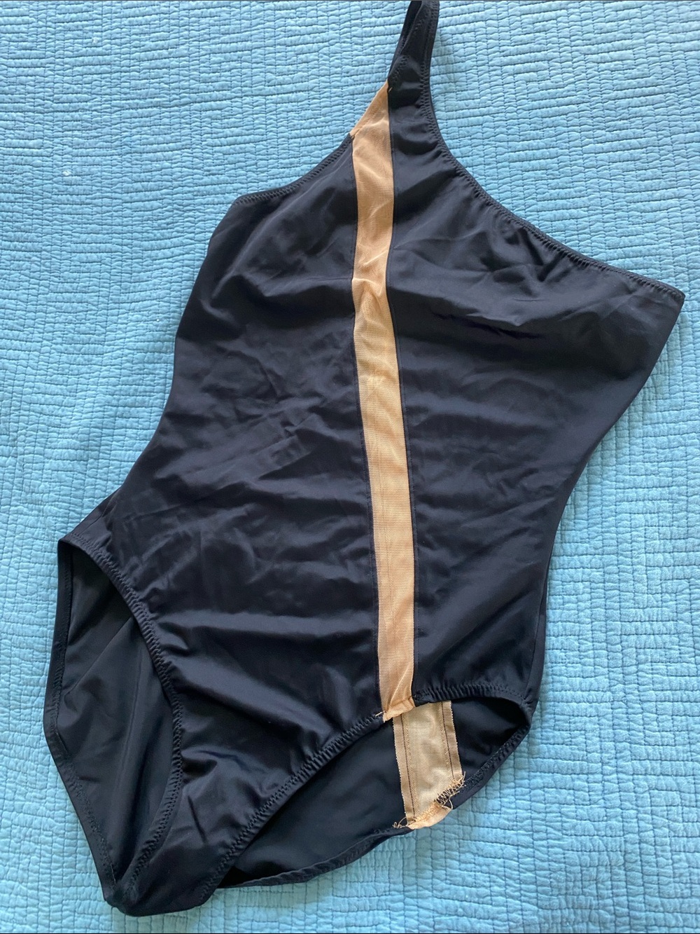 Norma Kamali Black One-Shoulder Swimsuit with Tan Stripe